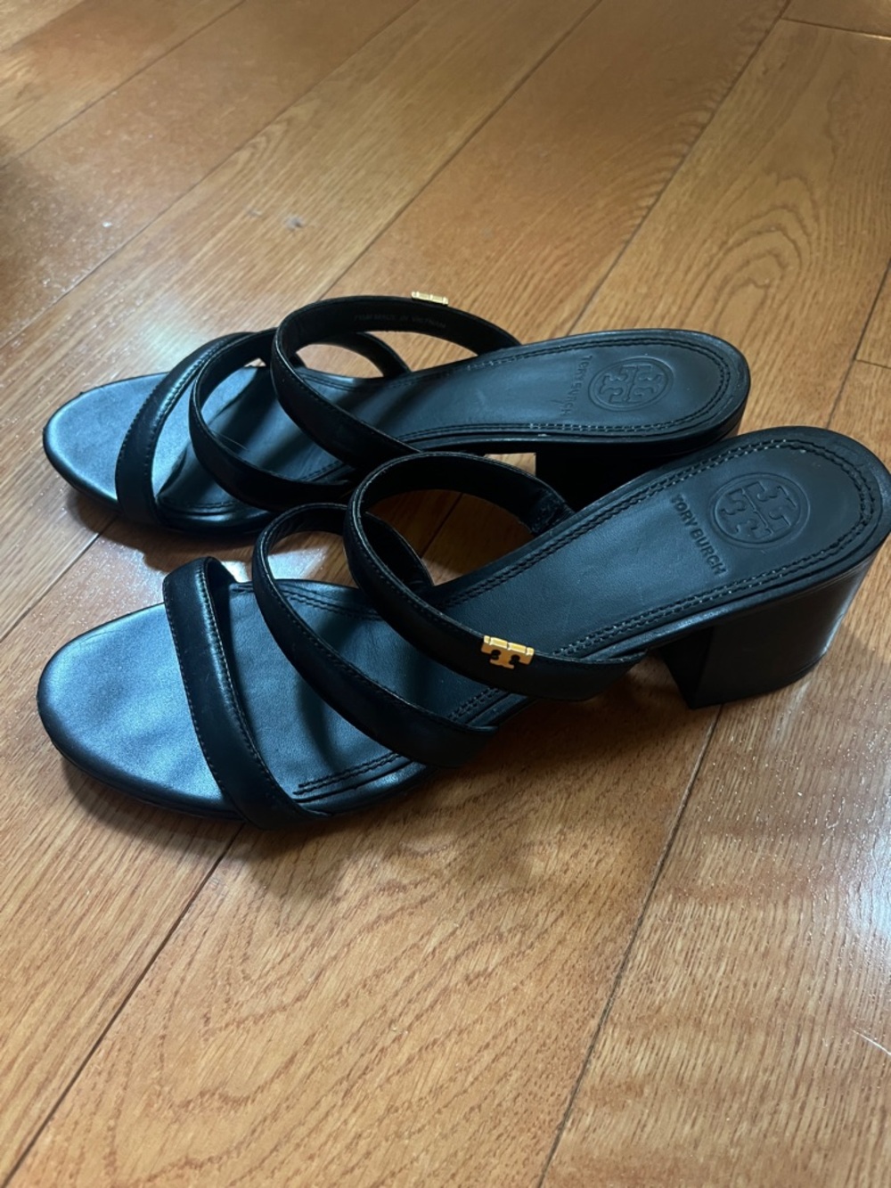 Tory Burch Black Leather Triple-Strap Block Heel Mules - Picture 2 of 4